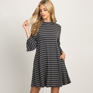 Charcoal Striped 3/4 Sleeve Mock Neck Swing Dress